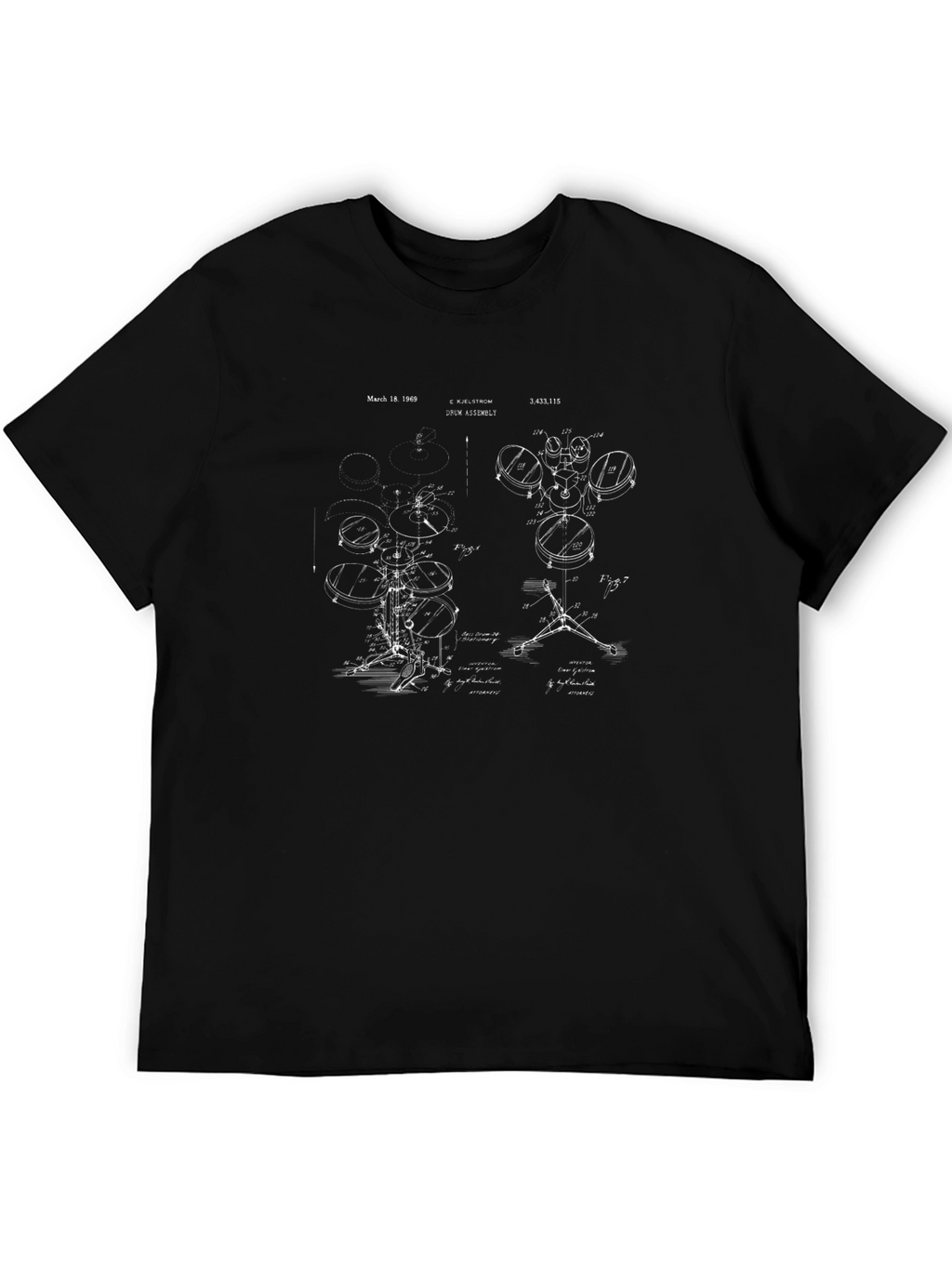 Drum Set Blueprint Black T-Shirt