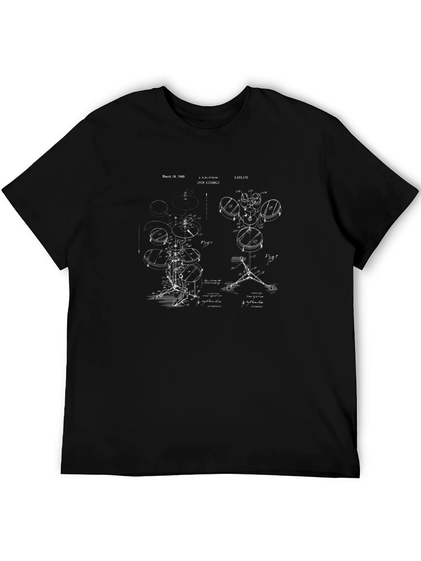 Drum Set Blueprint Black T-Shirt