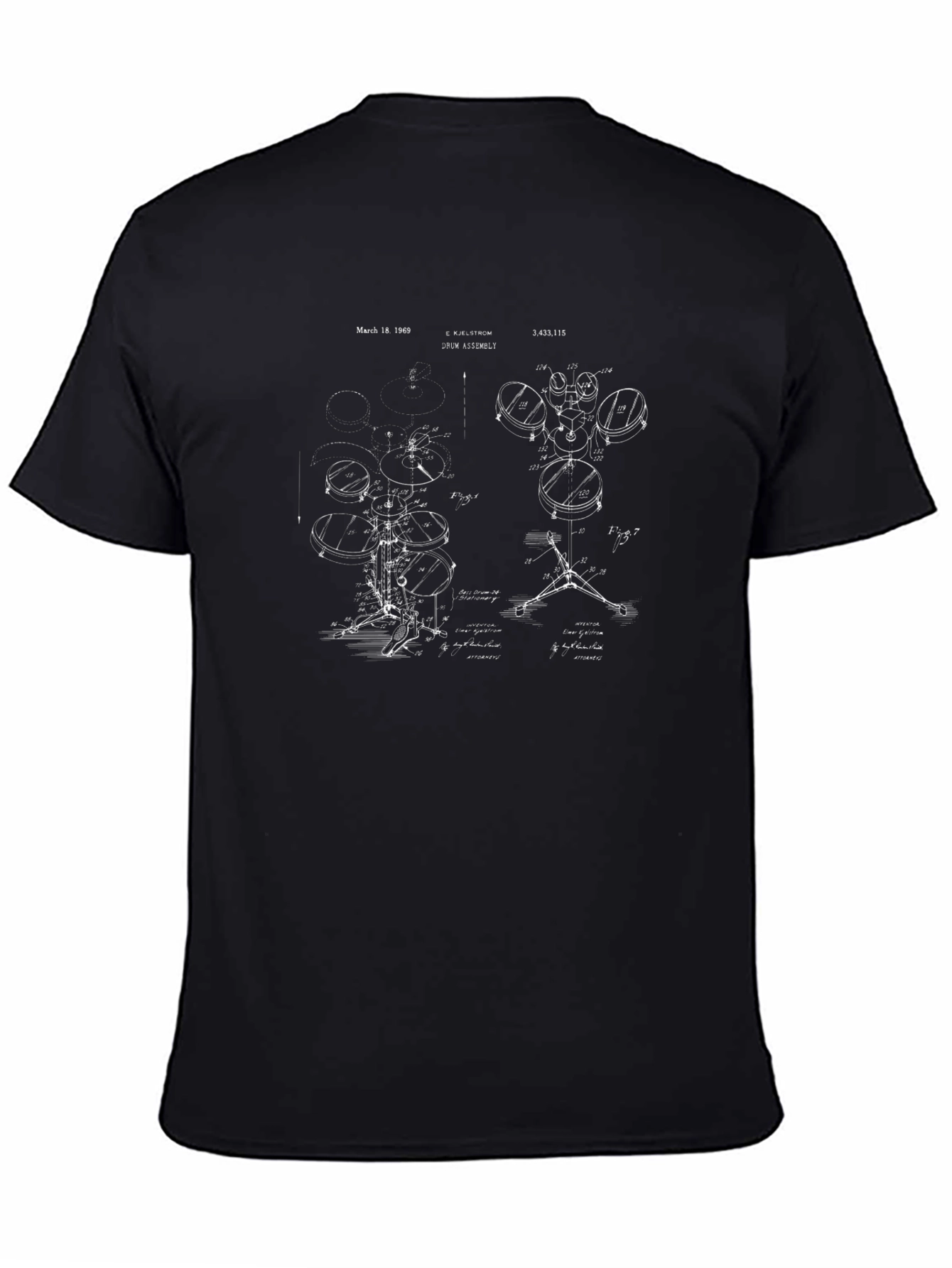 Drum Set Blueprint Black T-Shirt