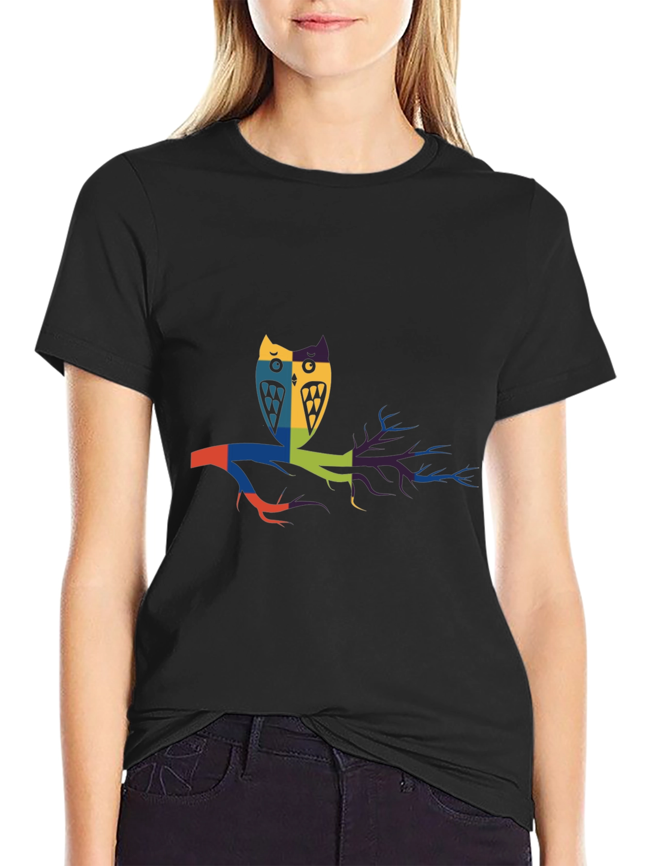 Abstract Owl Graphic Print Black T-Shirt