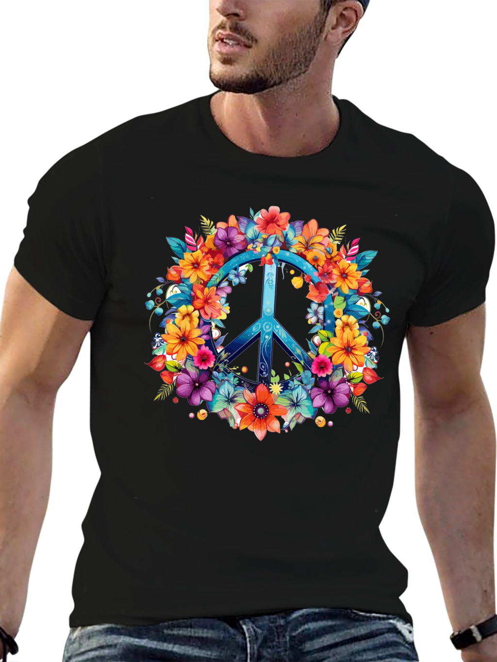 Floral Peace Sign Graphic Tee - Hippie Style