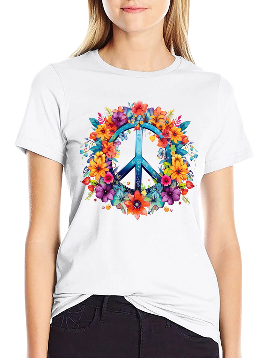 Floral Peace Sign Graphic Tee - Hippie Style