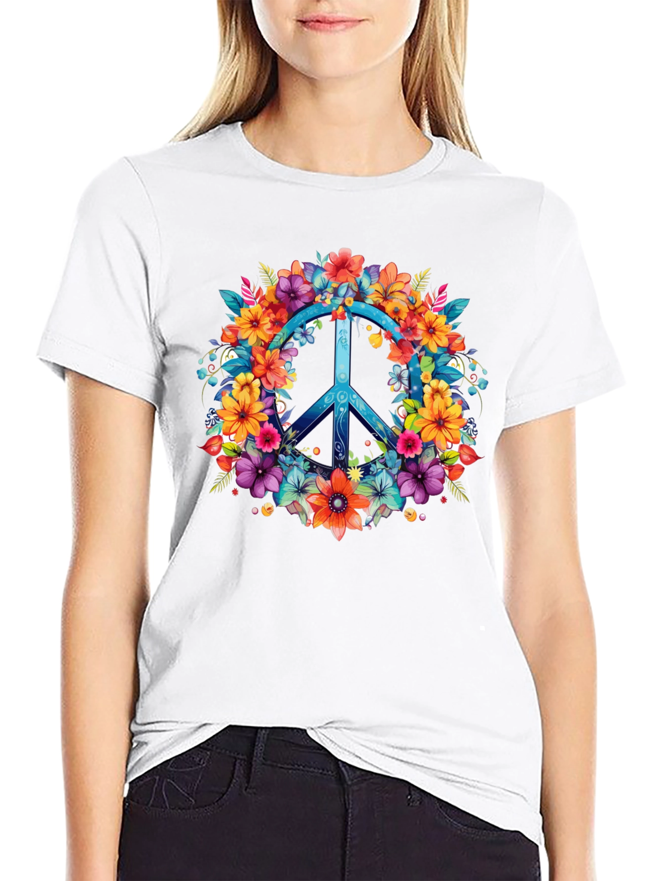 Floral Peace Sign Graphic Tee - Hippie Style