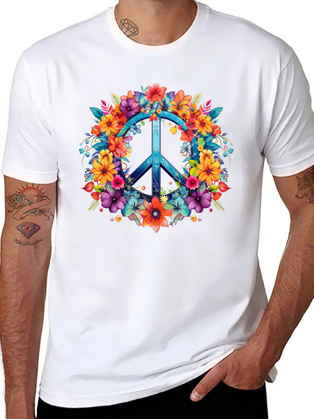 Floral Peace Sign Graphic Tee - Hippie Style