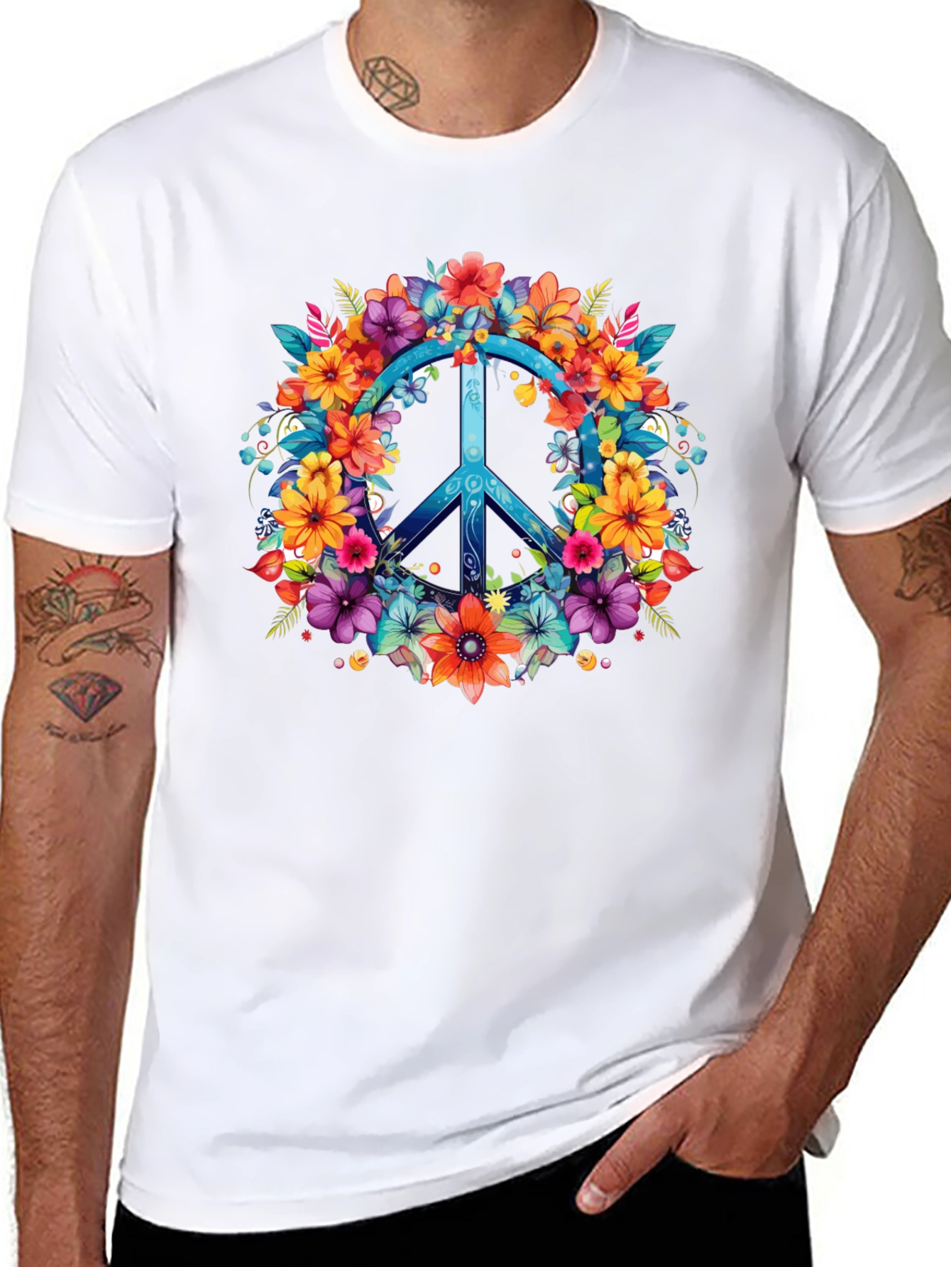 Floral Peace Sign Graphic Tee - Hippie Style