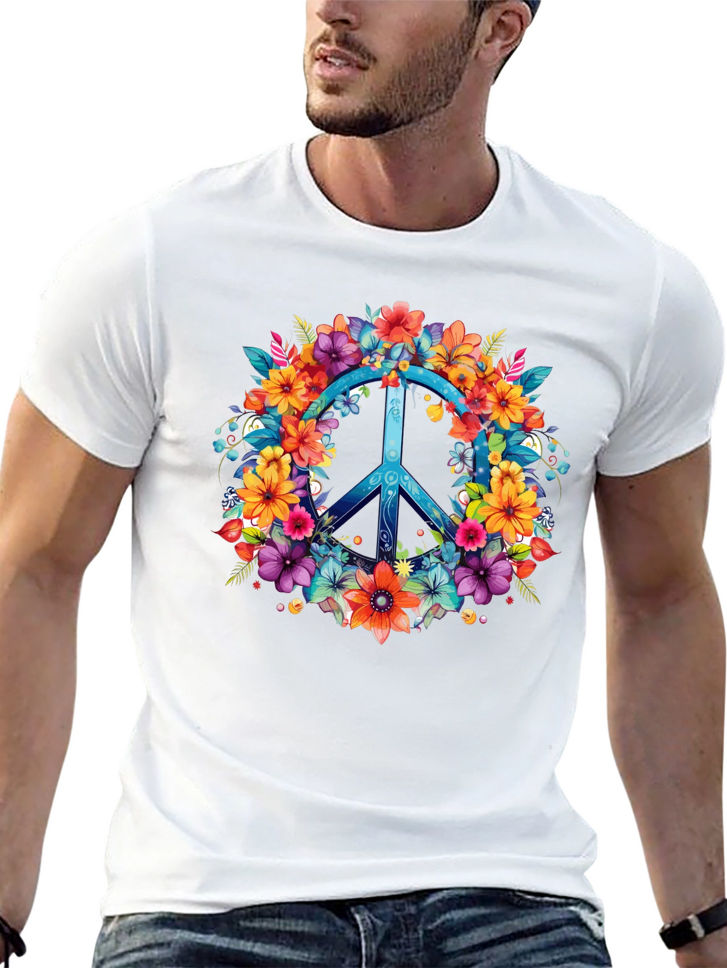 Floral Peace Sign Graphic Tee - Hippie Style