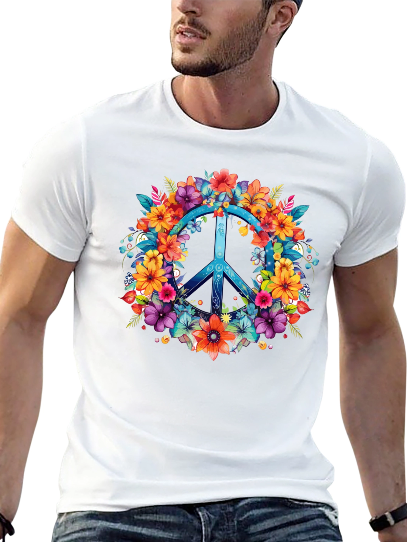 Floral Peace Sign Graphic Tee - Hippie Style