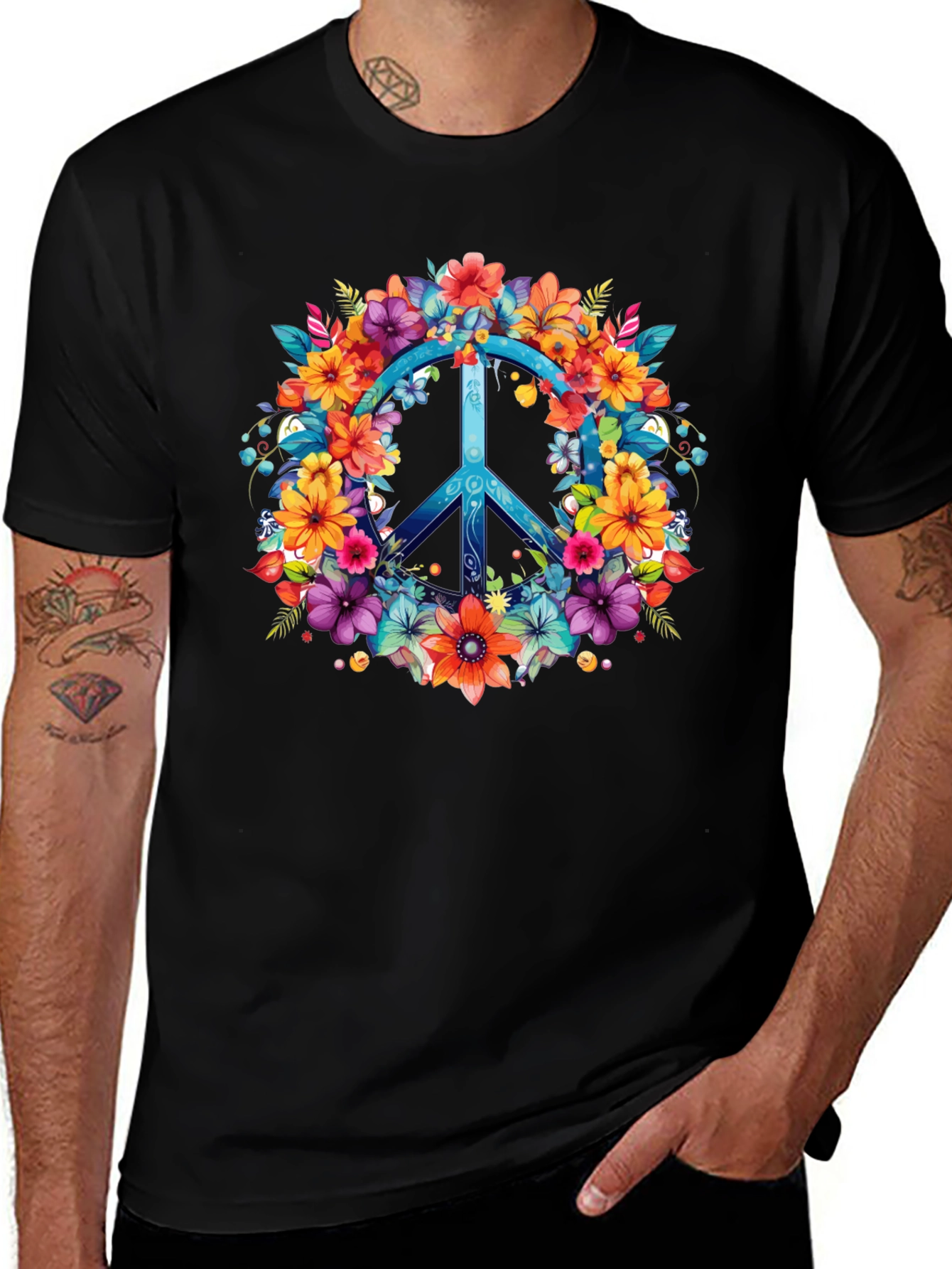 Floral Peace Sign Graphic Tee - Hippie Style