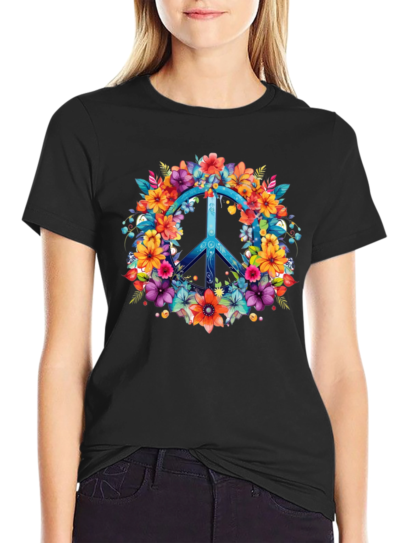 Floral Peace Sign Graphic Tee - Hippie Style