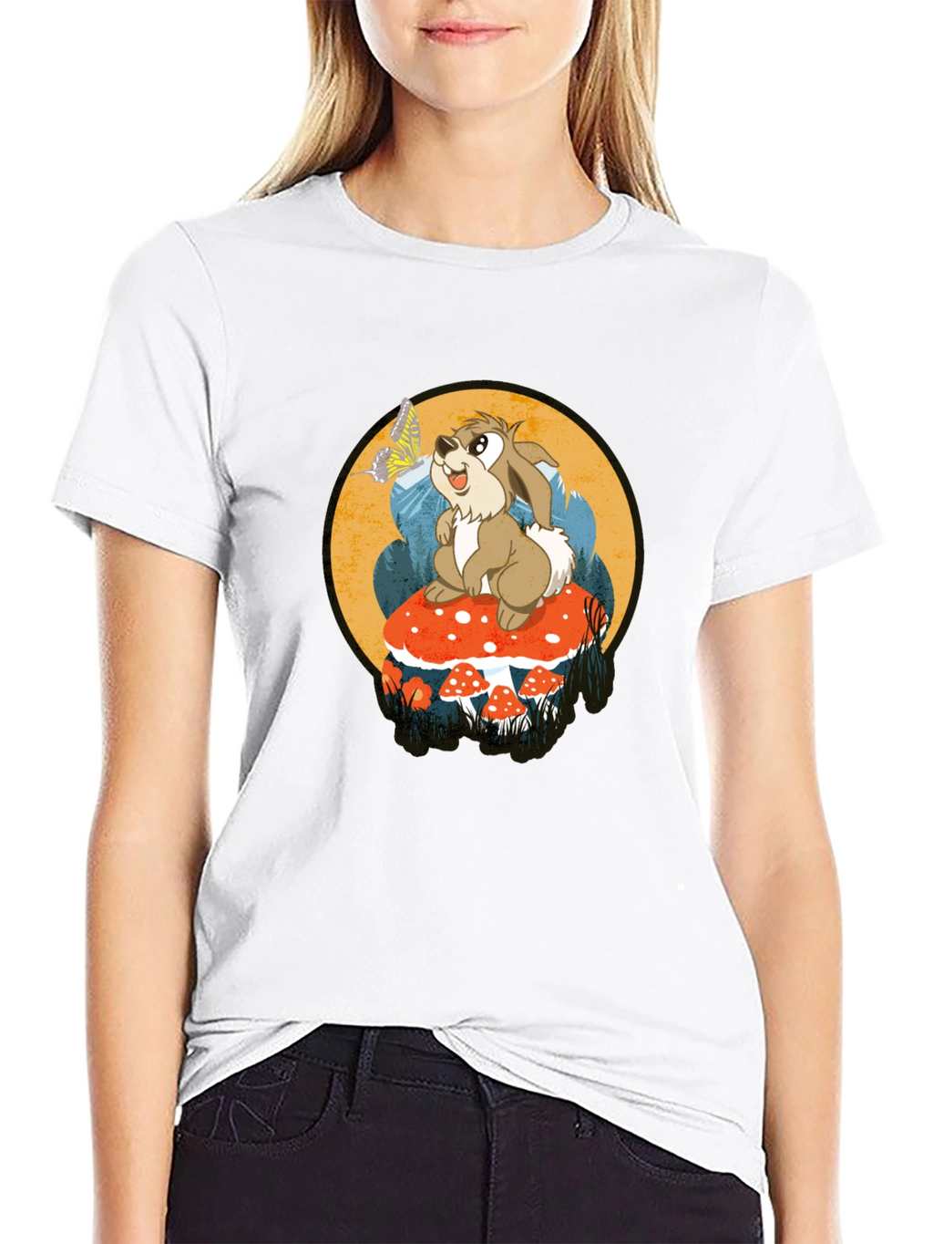 Whimsical Rabbit on Mushroom Graphic Tee - Black