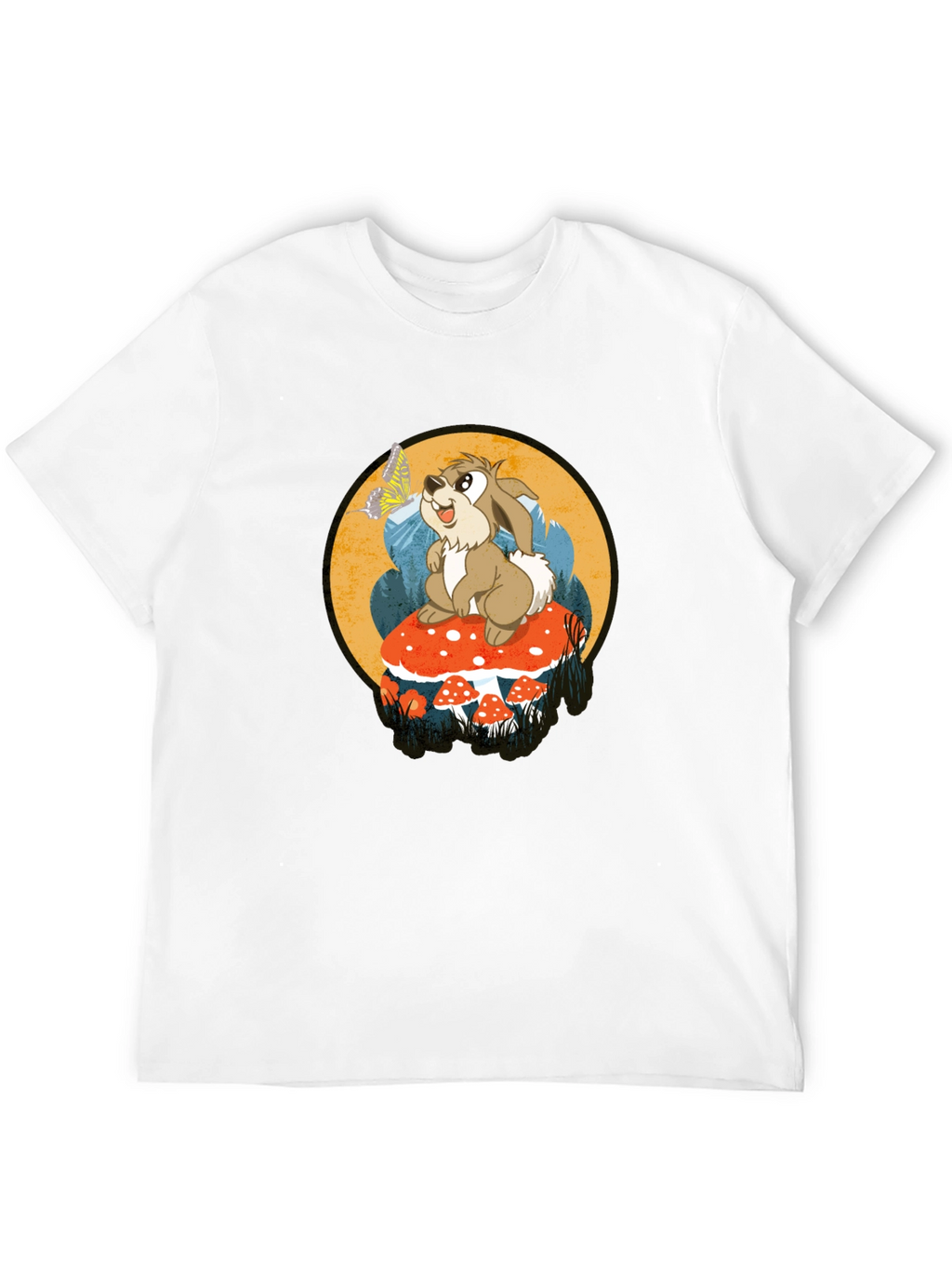 Whimsical Rabbit on Mushroom Graphic Tee - Black