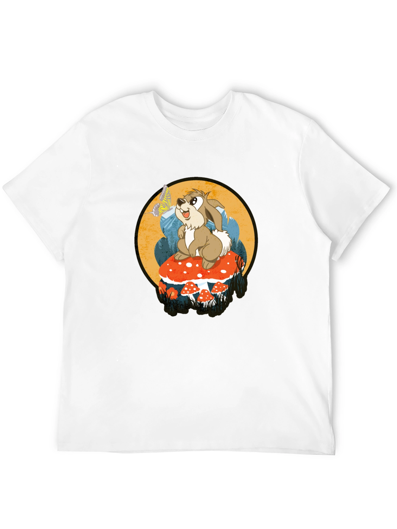 Whimsical Rabbit on Mushroom Graphic Tee - Black