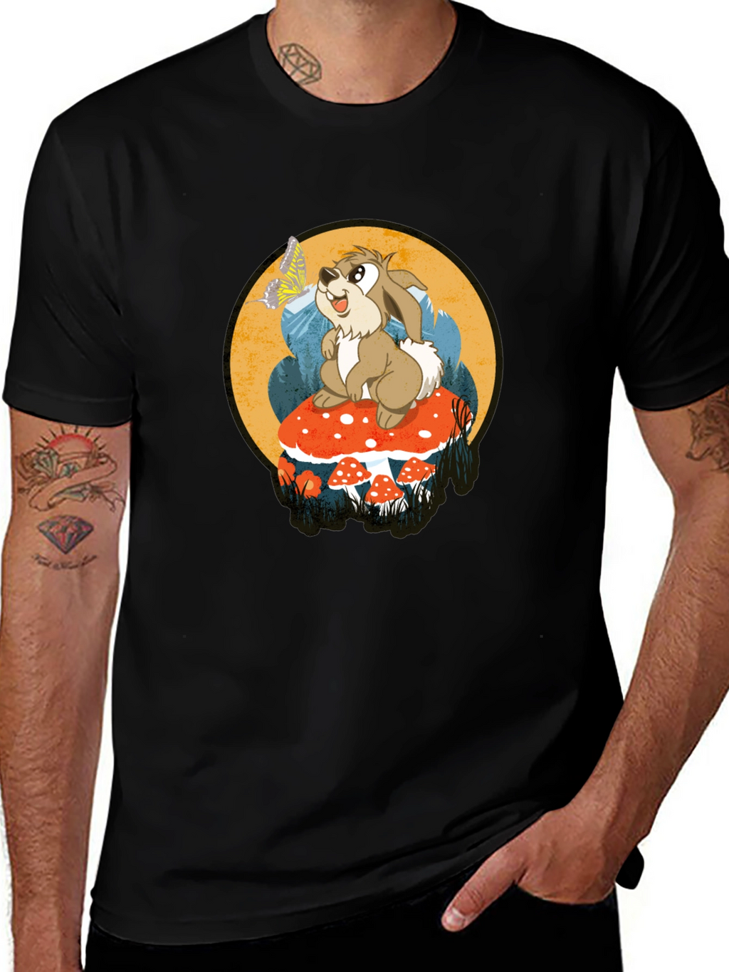 Whimsical Rabbit on Mushroom Graphic Tee - Black