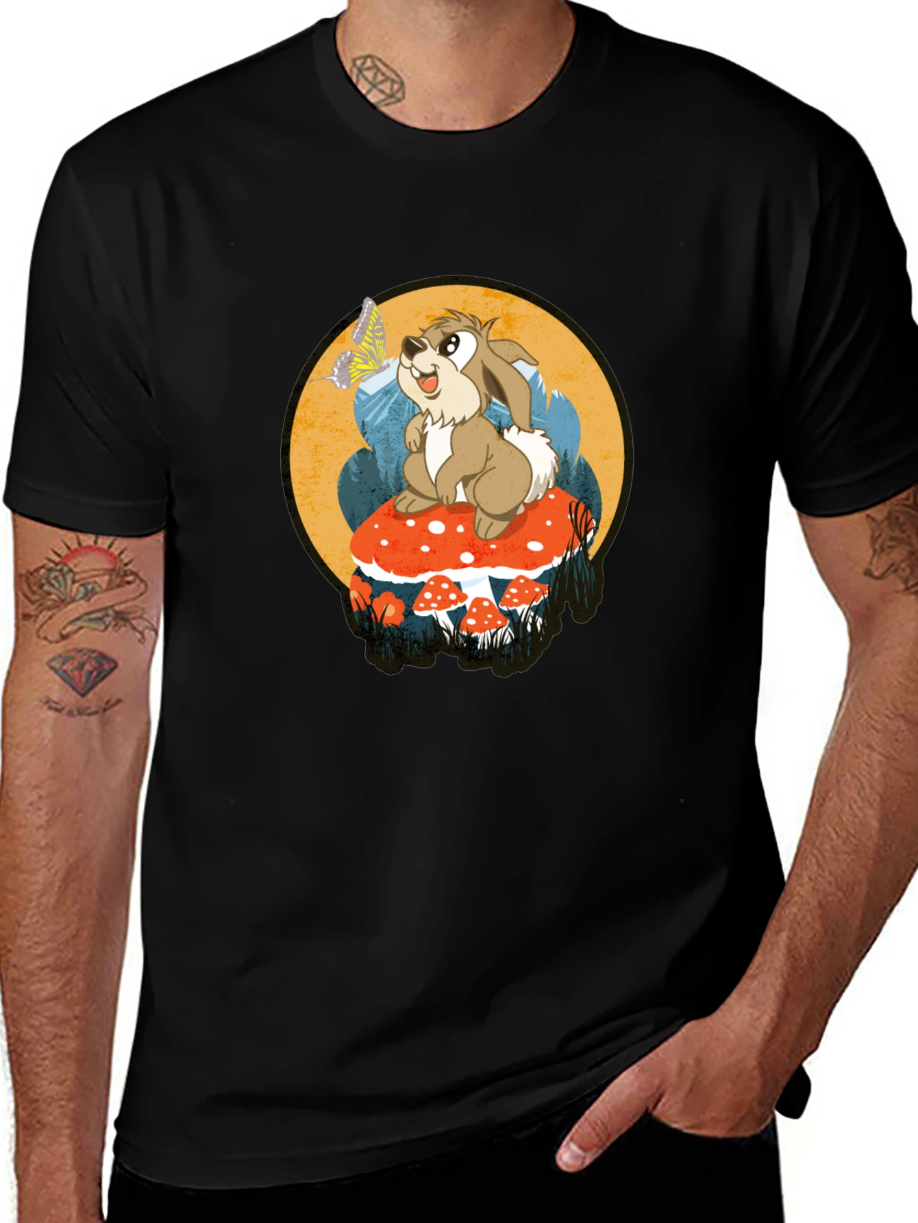 Whimsical Rabbit on Mushroom Graphic Tee - Black