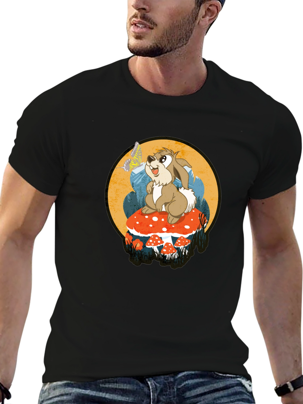Whimsical Rabbit on Mushroom Graphic Tee - Black