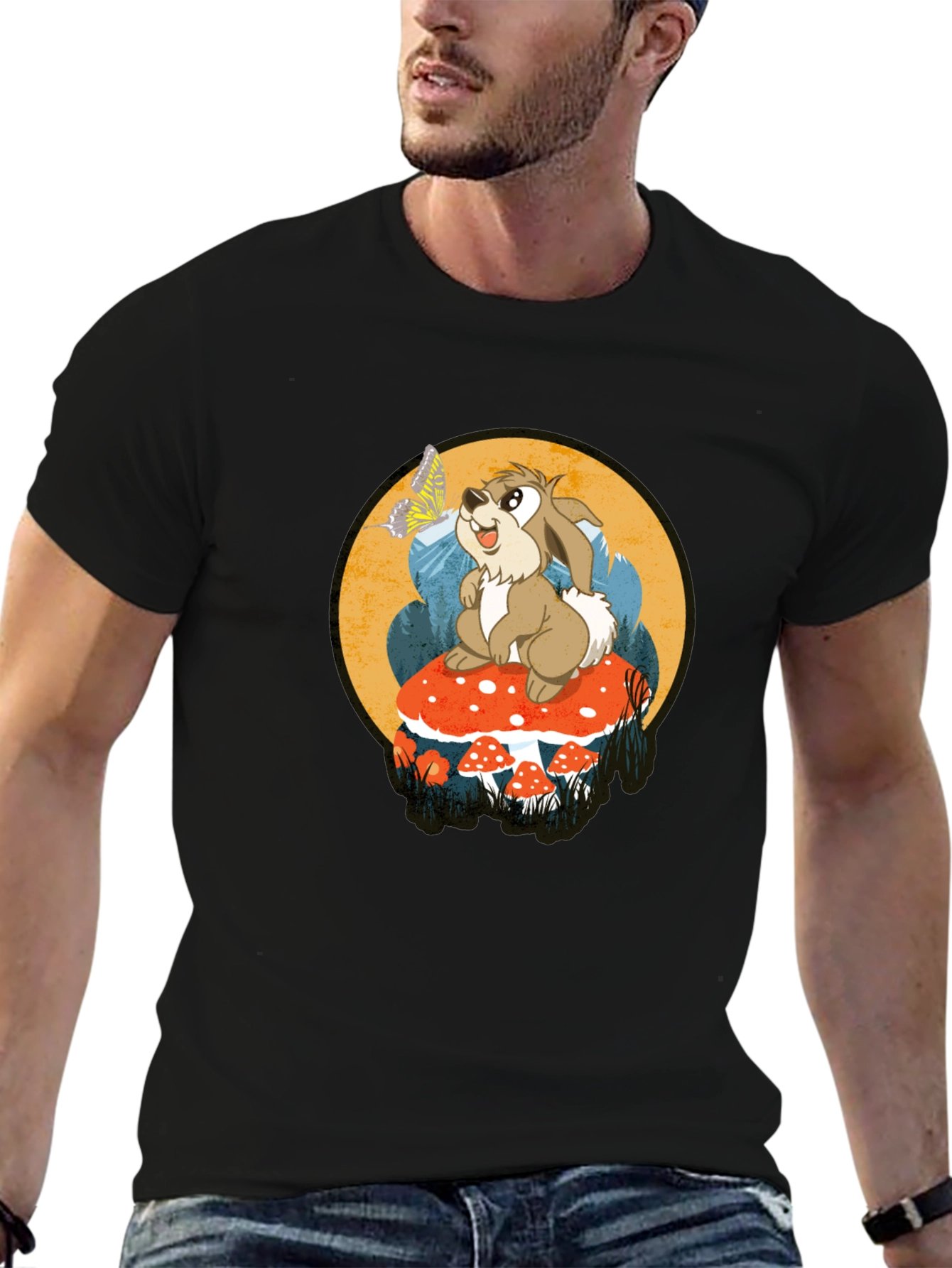 Whimsical Rabbit on Mushroom Graphic Tee - Black