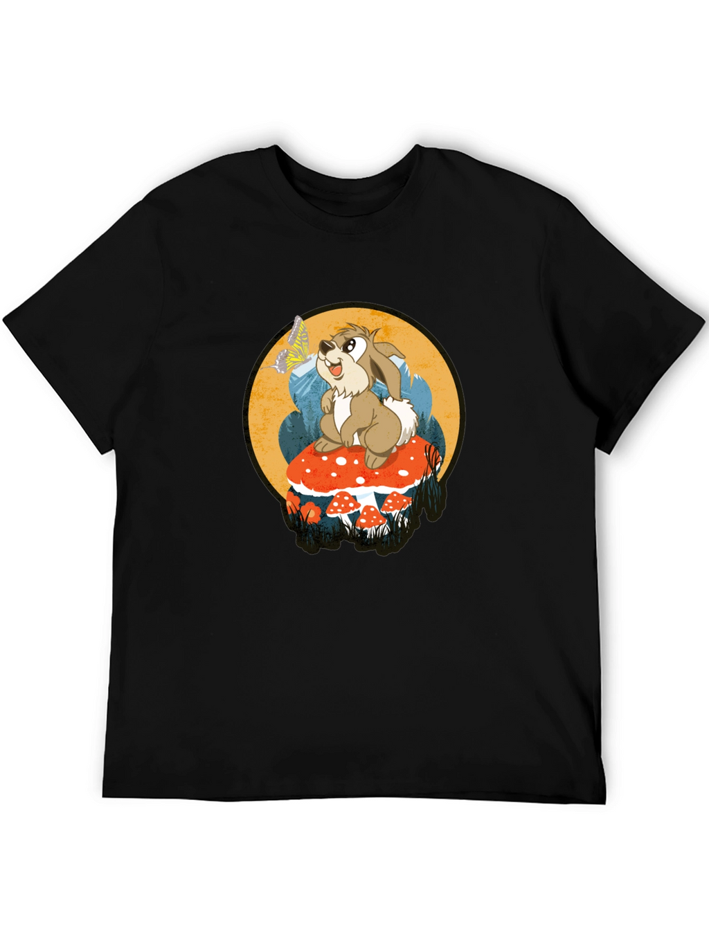 Whimsical Rabbit on Mushroom Graphic Tee - Black