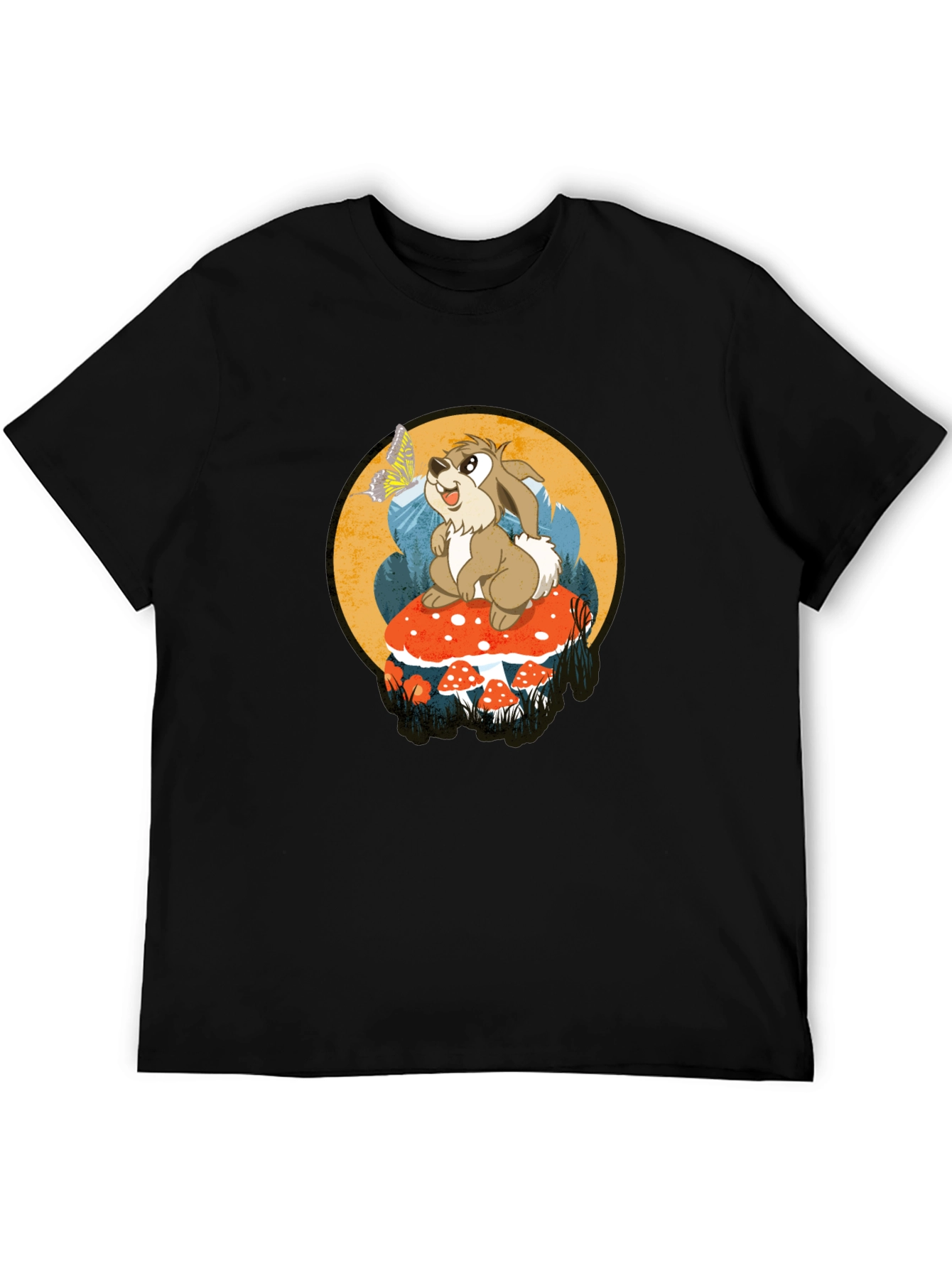 Whimsical Rabbit on Mushroom Graphic Tee - Black