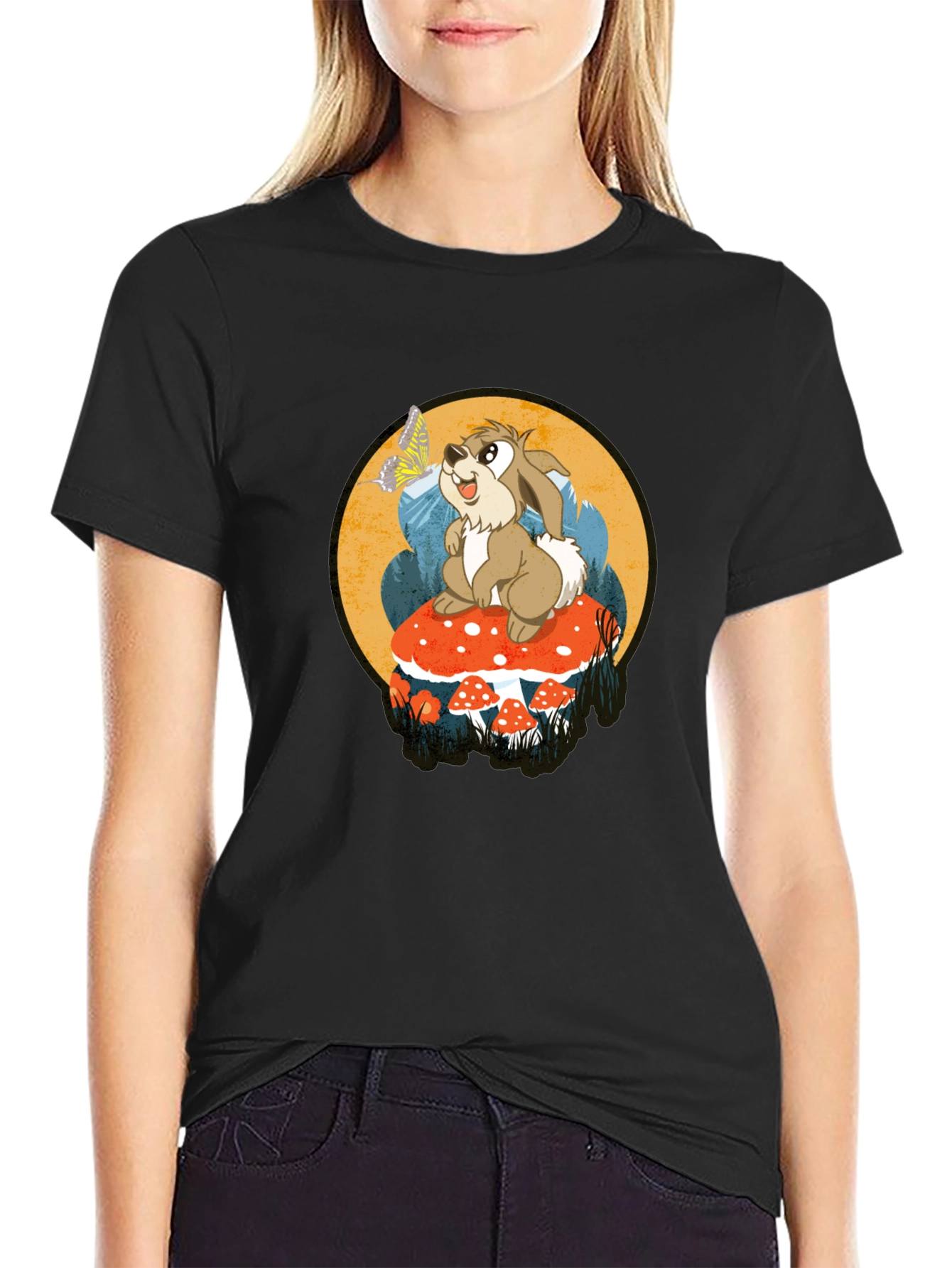 Whimsical Rabbit on Mushroom Graphic Tee - Black