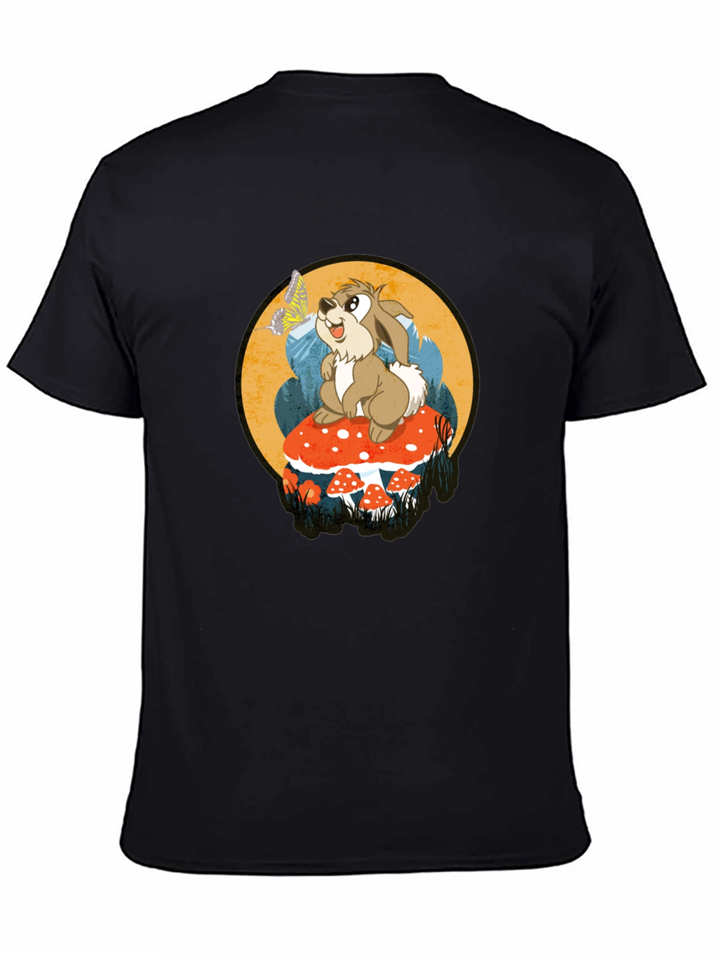 Whimsical Rabbit on Mushroom Graphic Tee - Black