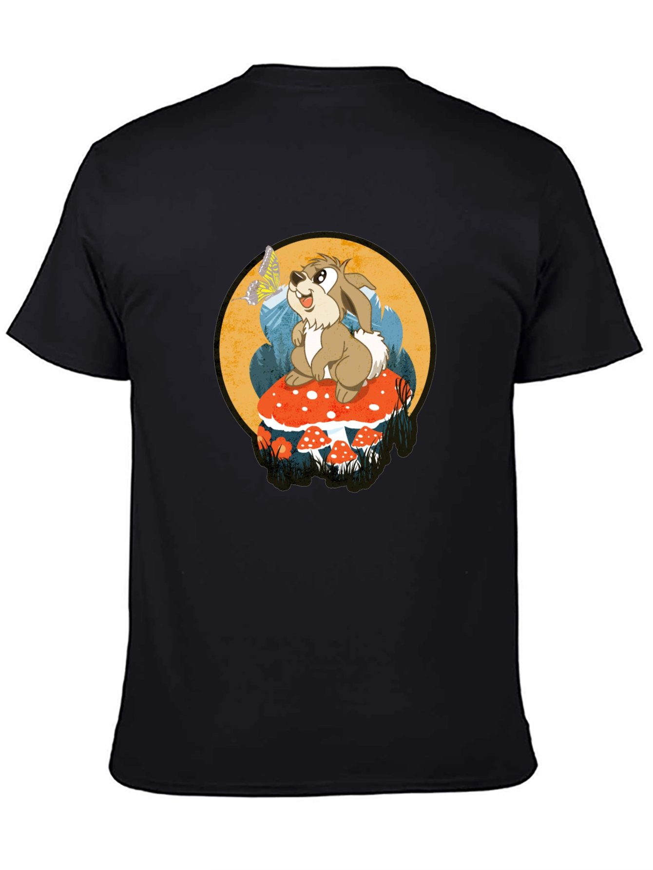 Whimsical Rabbit on Mushroom Graphic Tee - Black