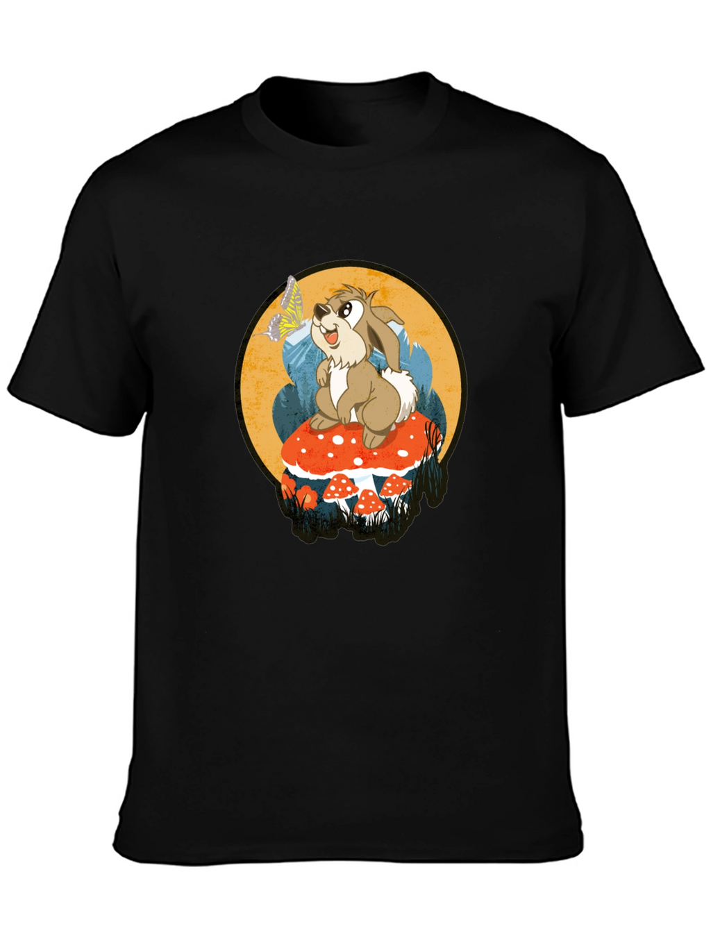 Whimsical Rabbit on Mushroom Graphic Tee - Black