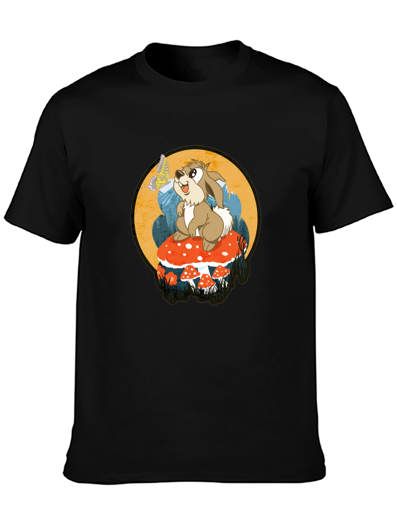 Whimsical Rabbit on Mushroom Graphic Tee - Black