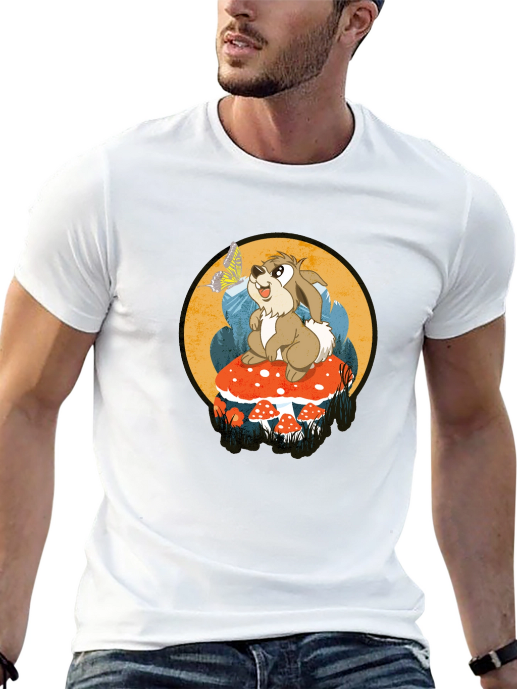 Whimsical Rabbit on Mushroom Graphic Tee - Black