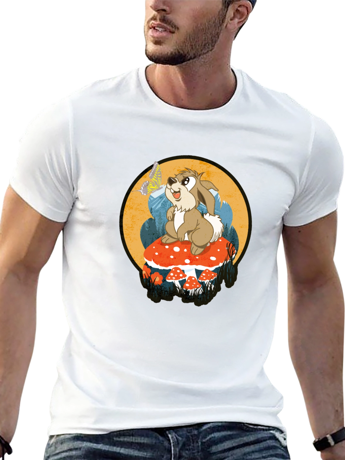 Whimsical Rabbit on Mushroom Graphic Tee - Black