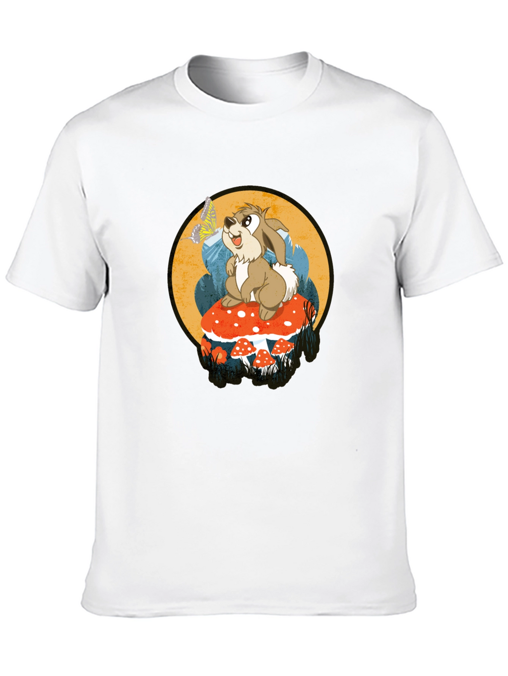 Whimsical Rabbit on Mushroom Graphic Tee - Black