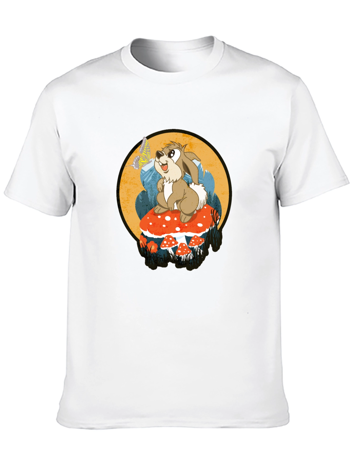 Whimsical Rabbit on Mushroom Graphic Tee - Black