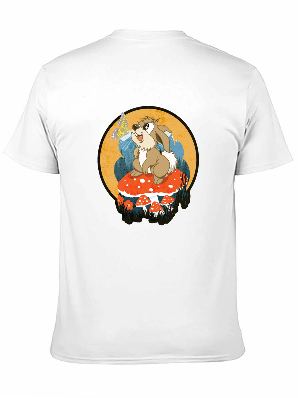 Whimsical Rabbit on Mushroom Graphic Tee - Black