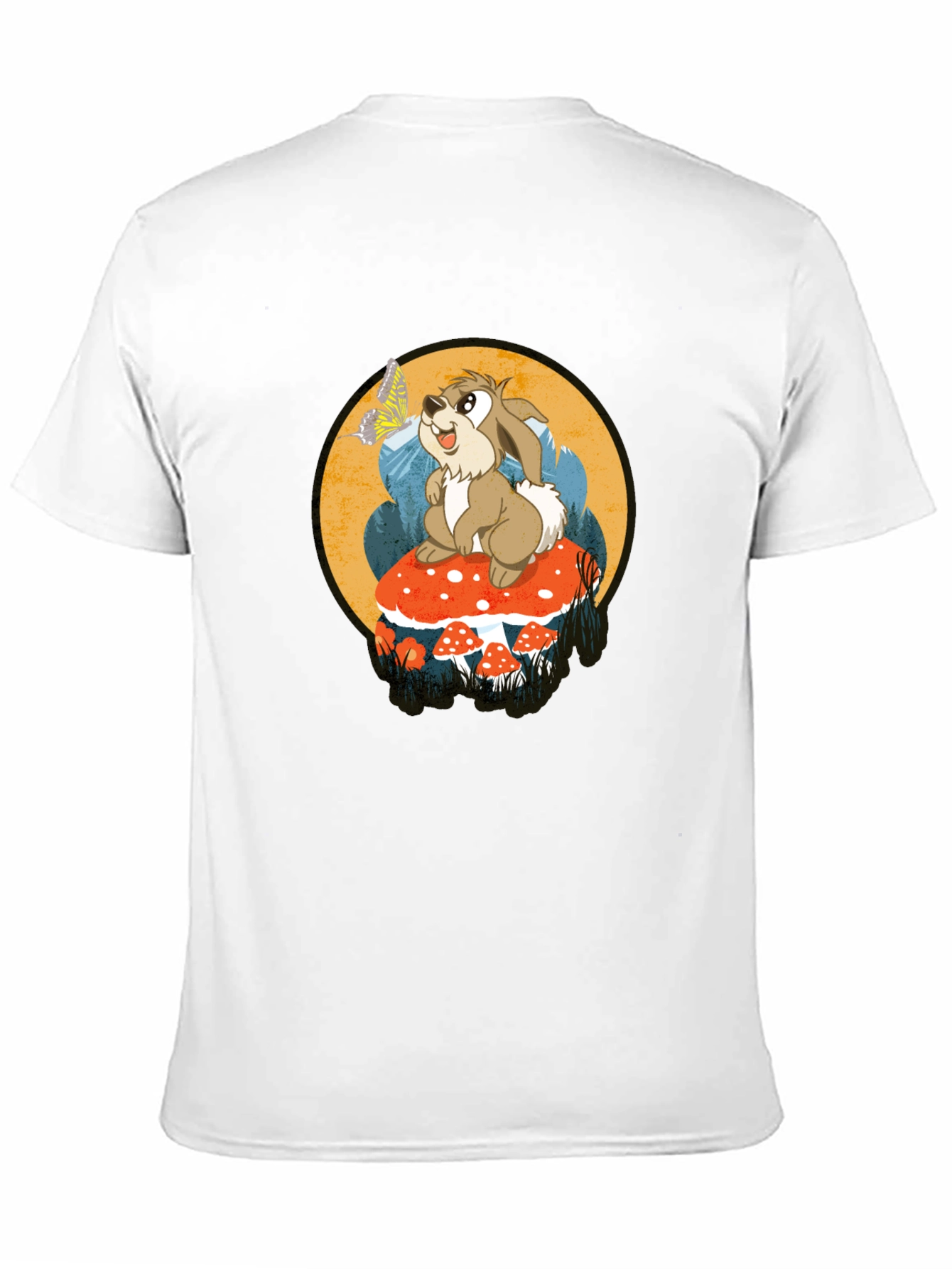 Whimsical Rabbit on Mushroom Graphic Tee - Black