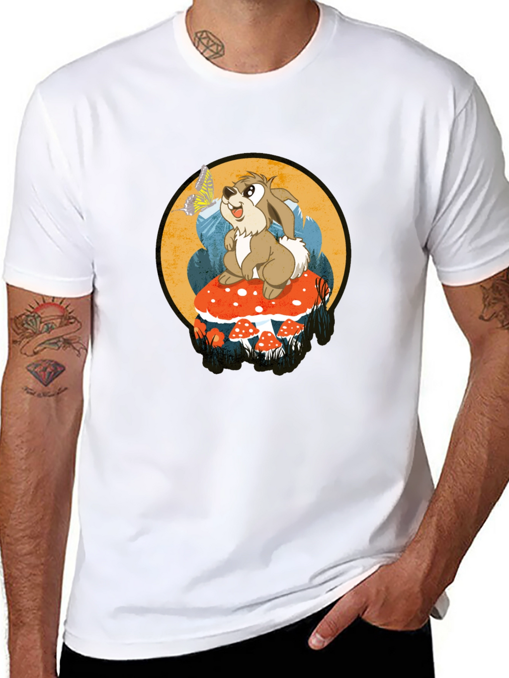 Whimsical Rabbit on Mushroom Graphic Tee - Black