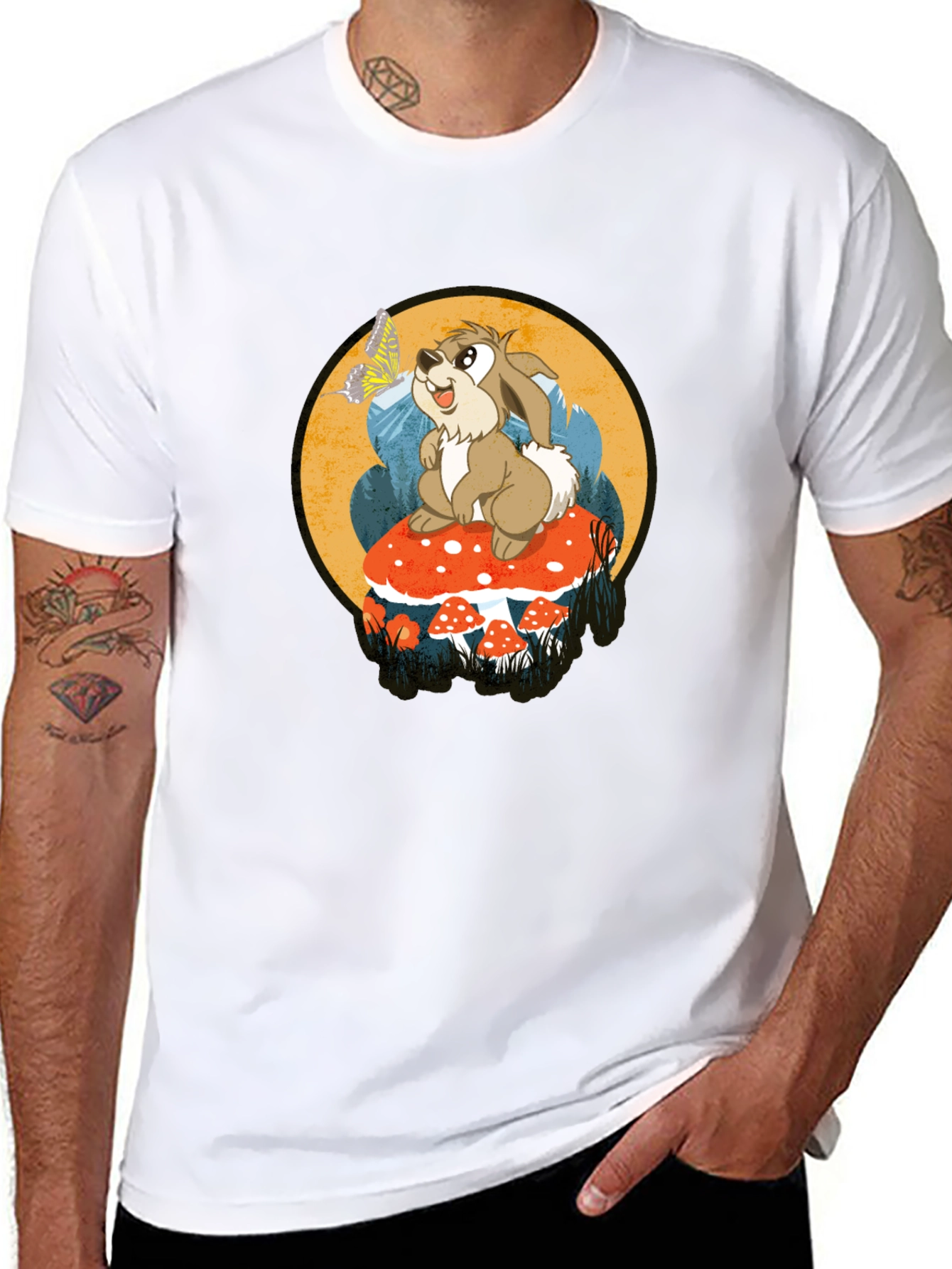 Whimsical Rabbit on Mushroom Graphic Tee - Black