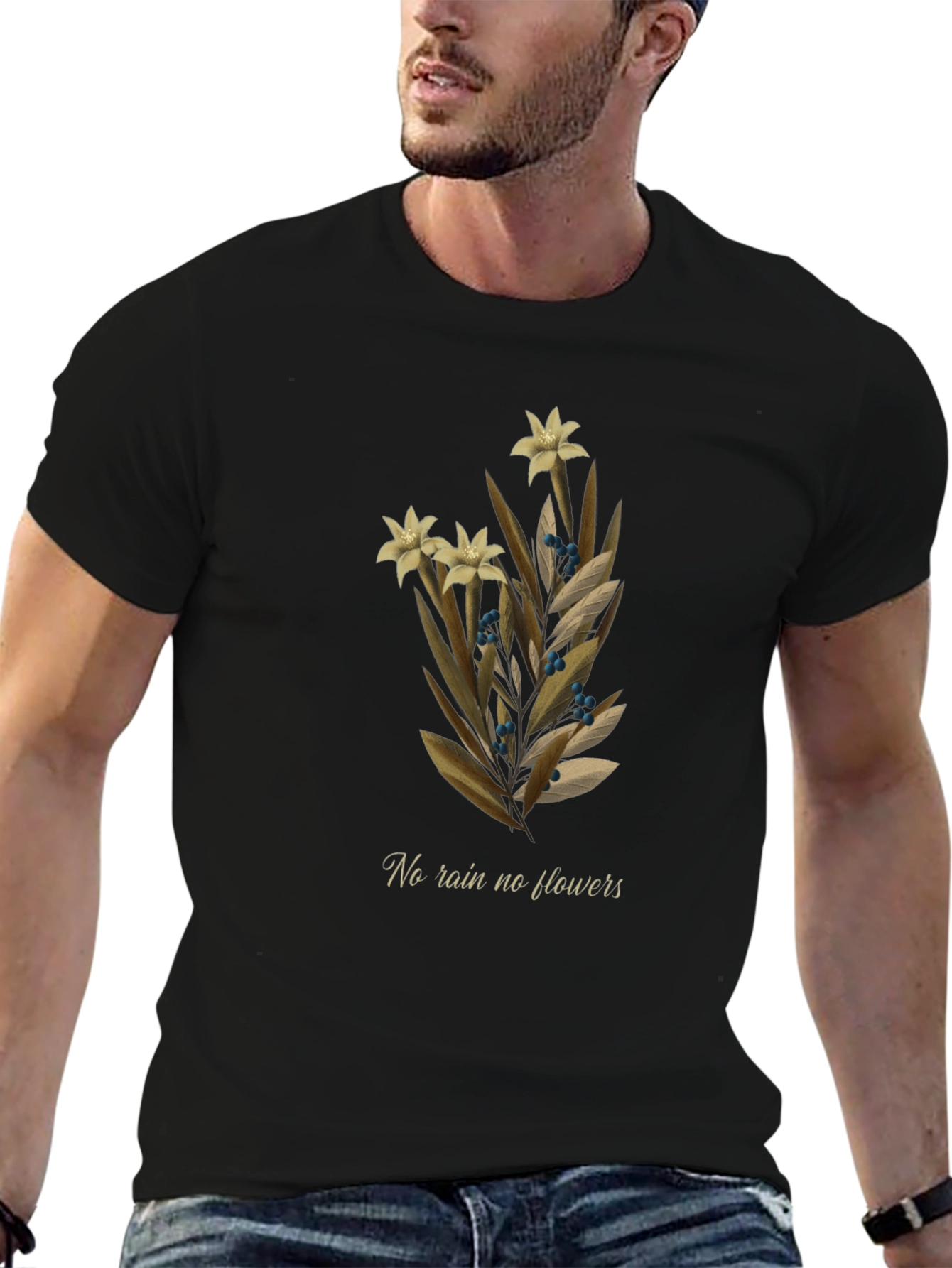 Botanical T-Shirt - No Rain No Flowers Graphic Tee