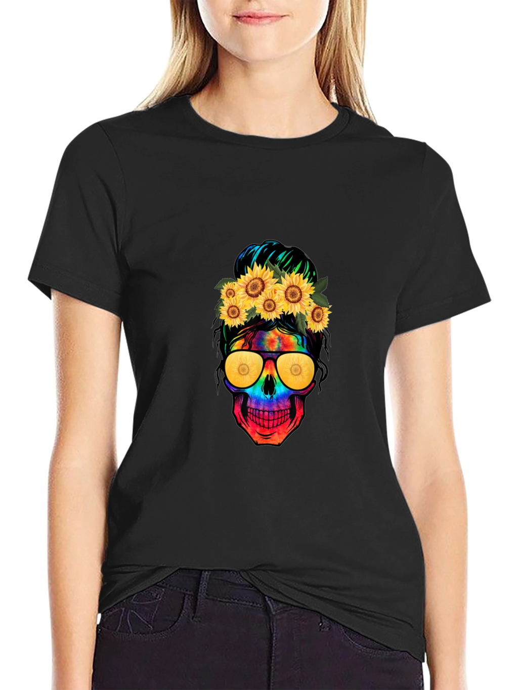 Skull with Sunflowers Graphic Tee