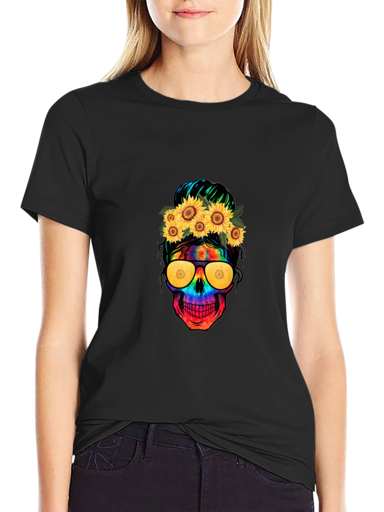 Skull with Sunflowers Graphic Tee