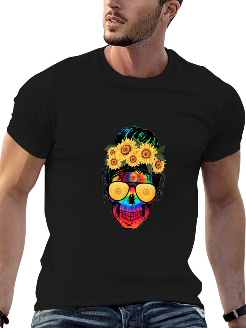 Skull with Sunflowers Graphic Tee