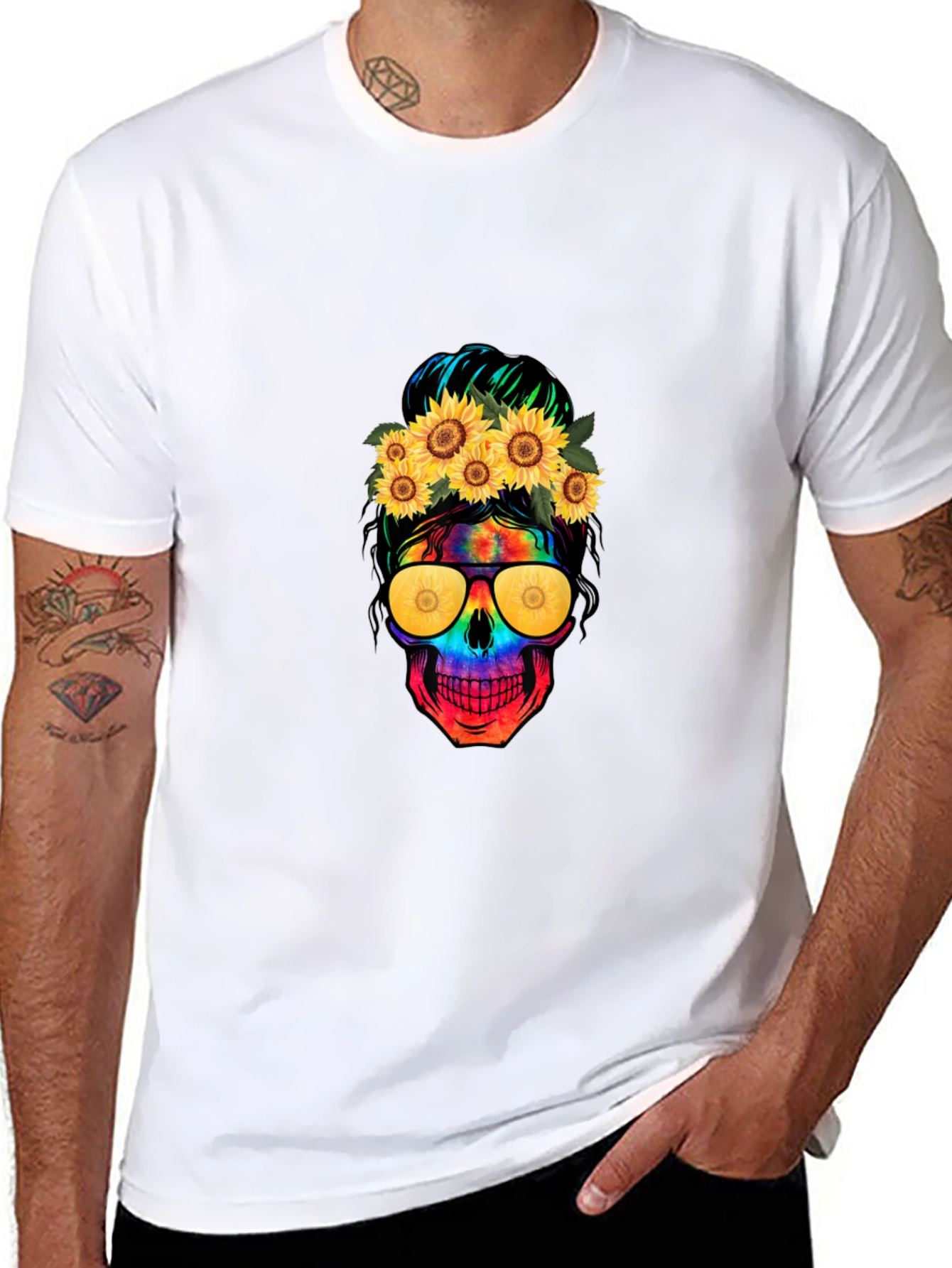 Skull with Sunflowers Graphic Tee