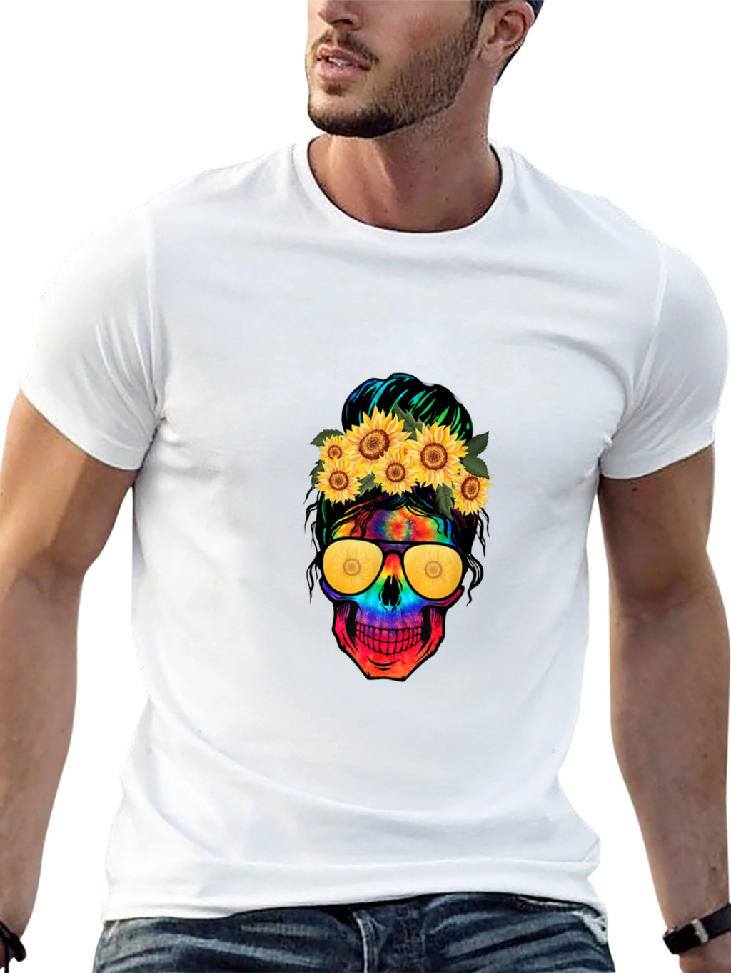 Skull with Sunflowers Graphic Tee