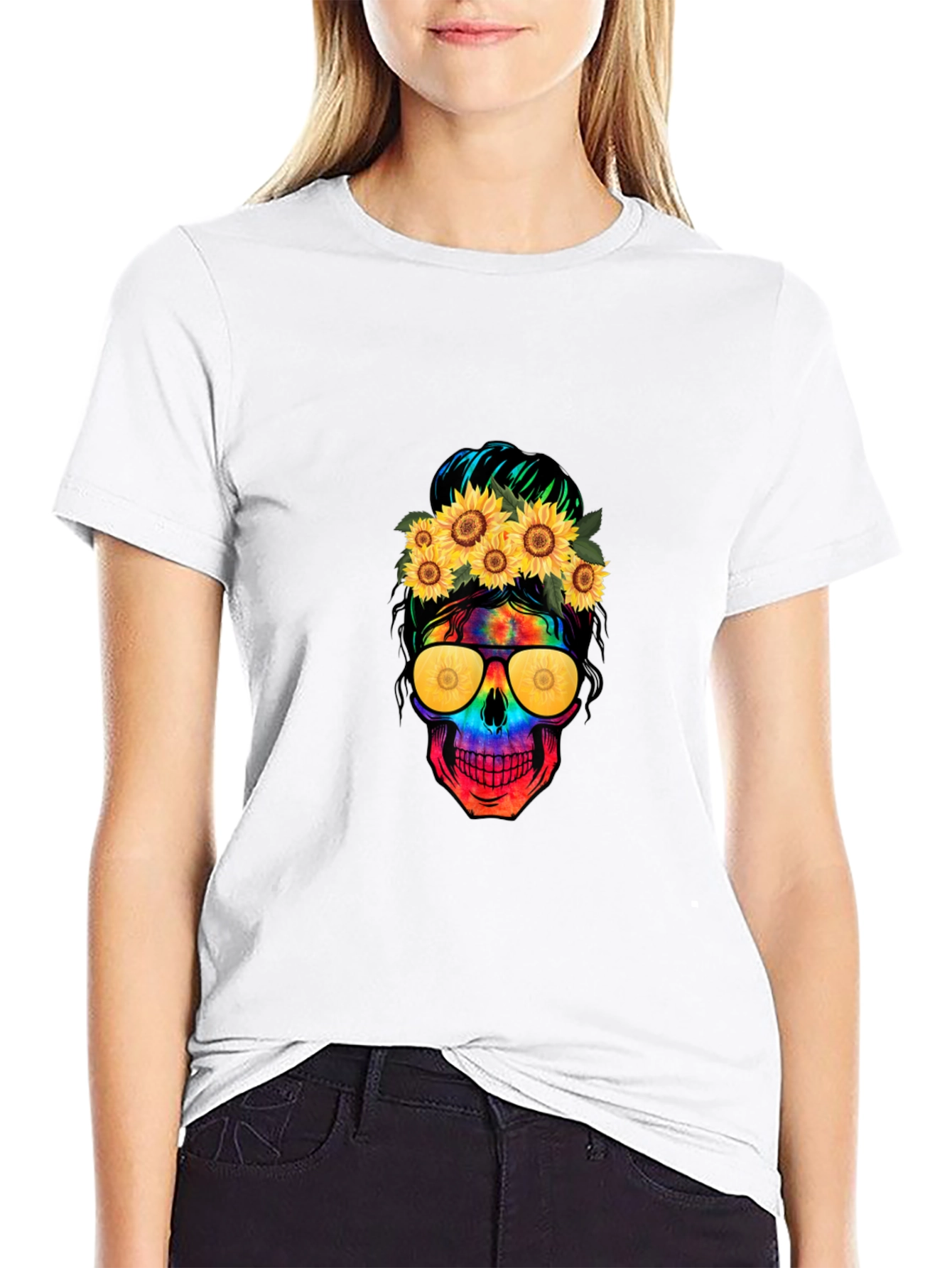 Skull with Sunflowers Graphic Tee