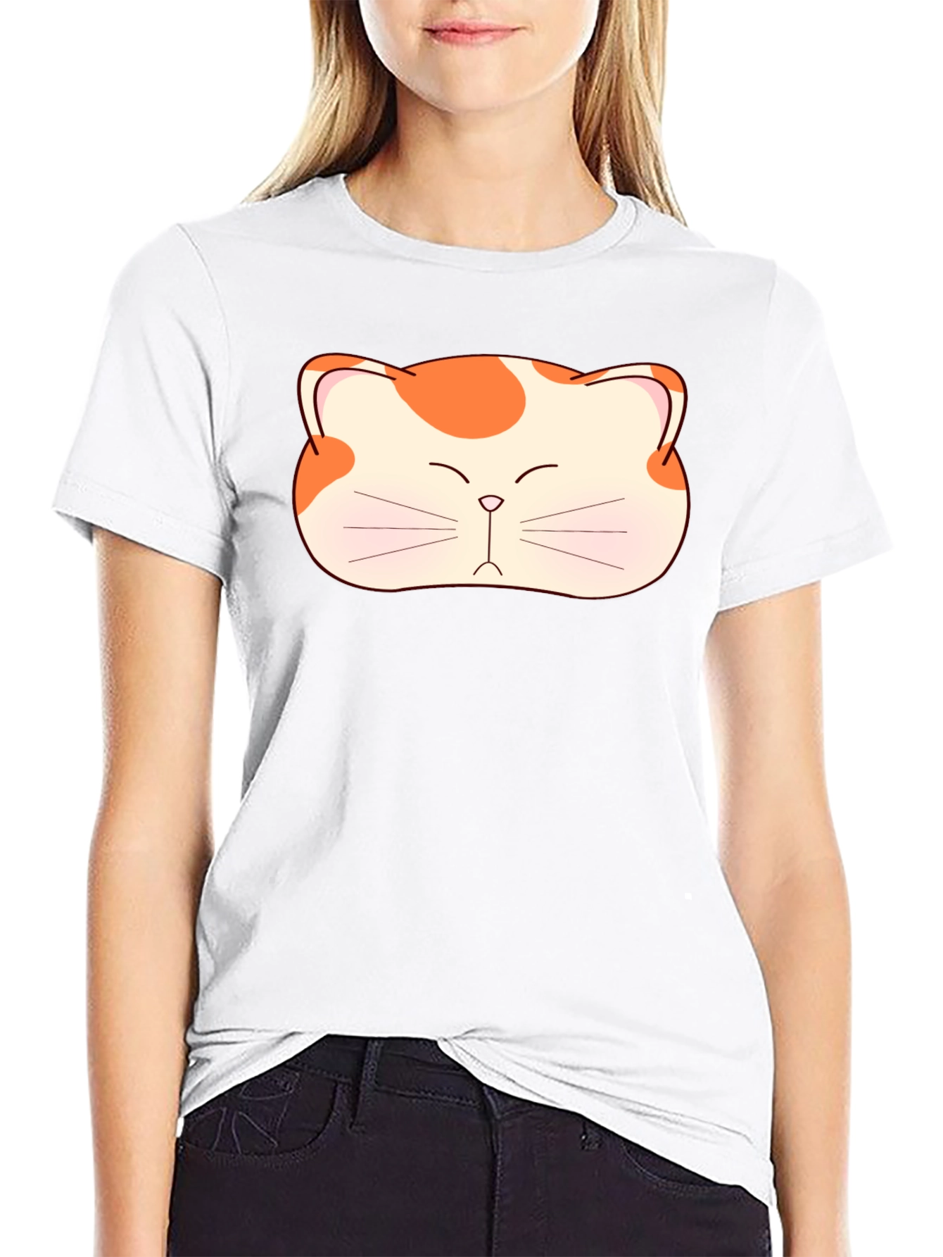 Cute Cat Face Graphic Tee - Black Cotton T-Shirt