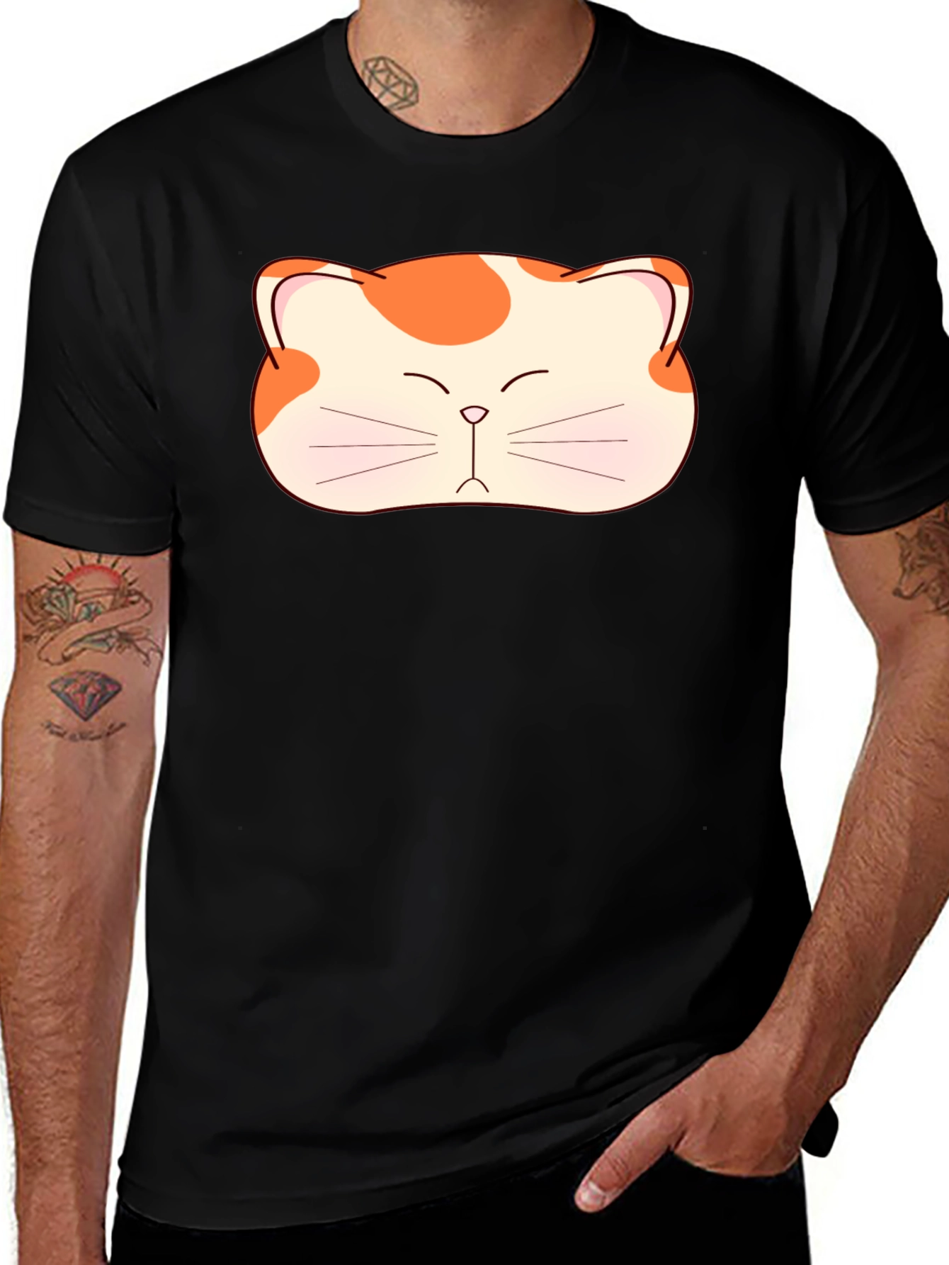 Cute Cat Face Graphic Tee - Black Cotton T-Shirt