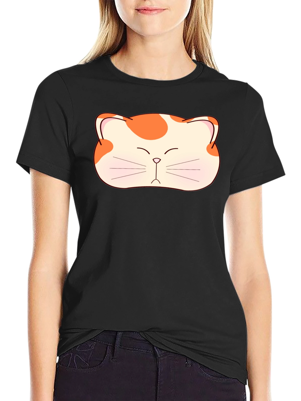 Cute Cat Face Graphic Tee - Black Cotton T-Shirt
