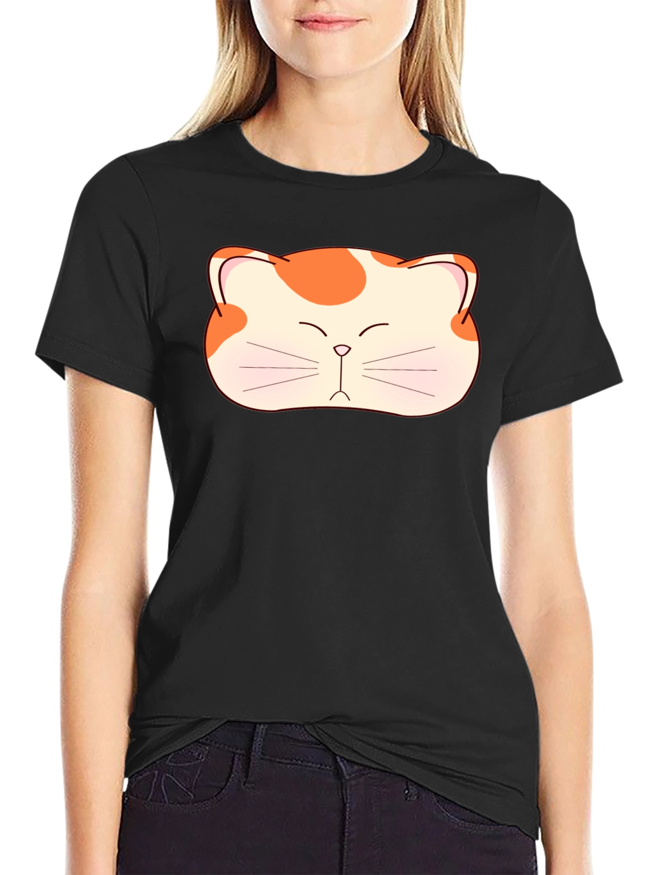 Cute Cat Face Graphic Tee - Black Cotton T-Shirt