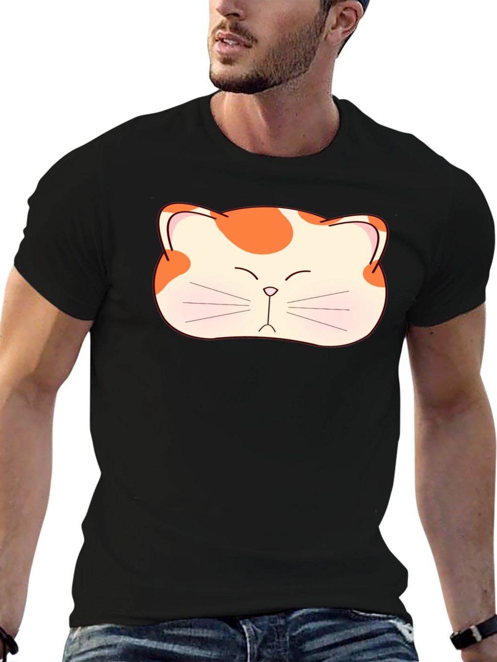 Cute Cat Face Graphic Tee - Black Cotton T-Shirt