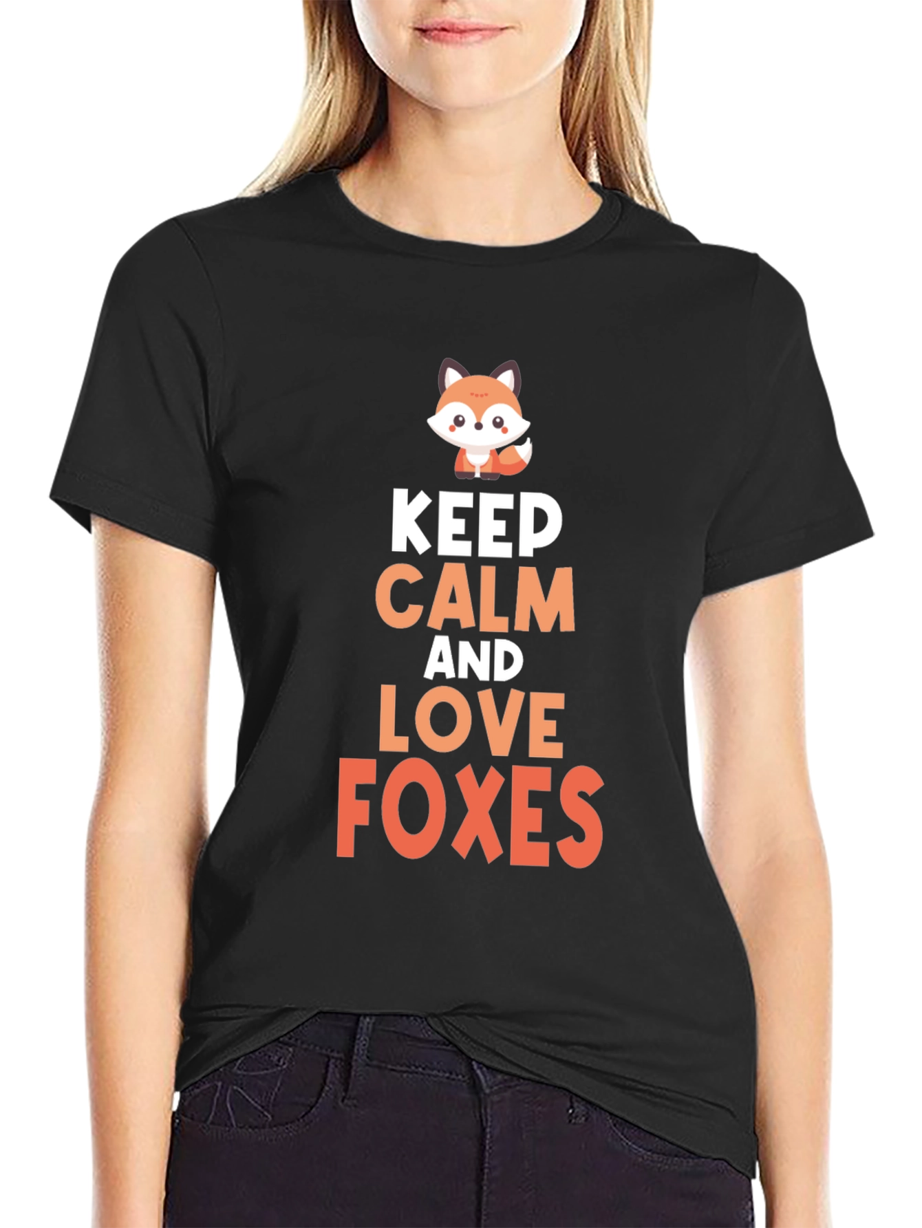 Keep Calm & Love Foxes Graphic Tee - Black Cotton Blend