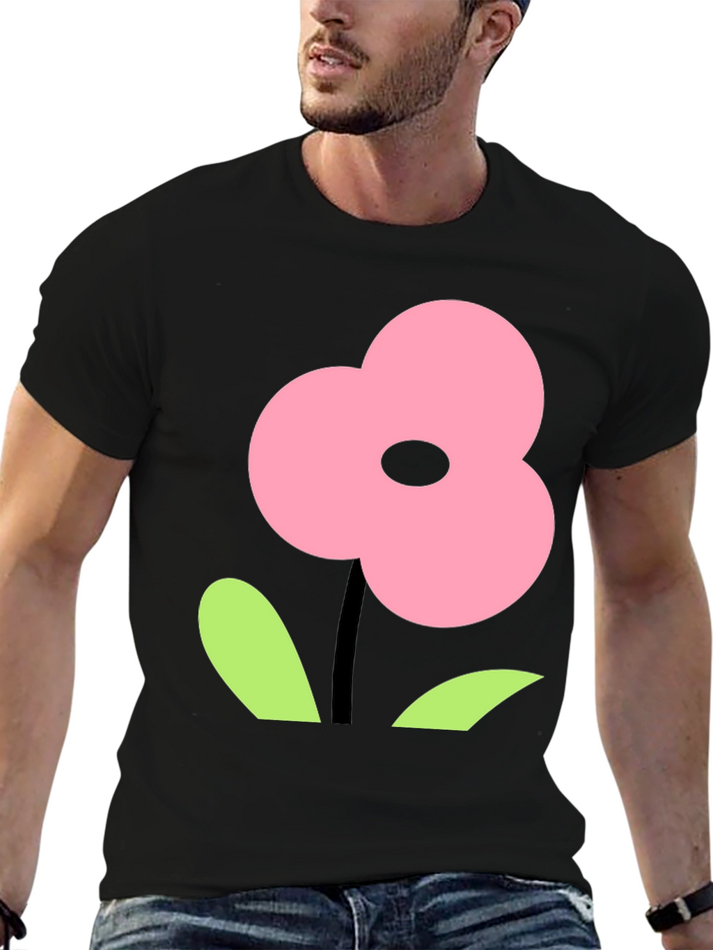 Pink Flower Graphic Black T-Shirt