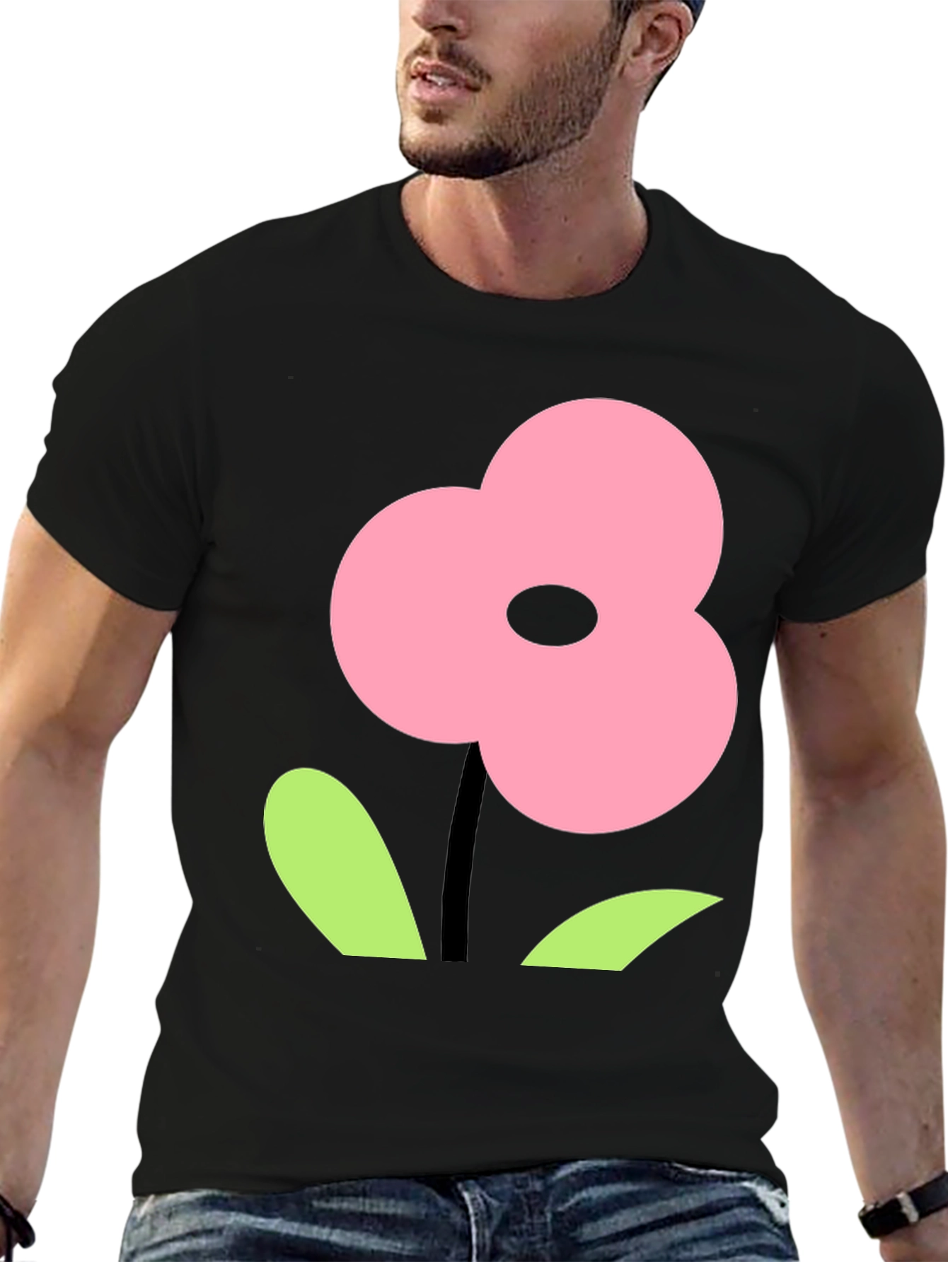 Pink Flower Graphic Black T-Shirt